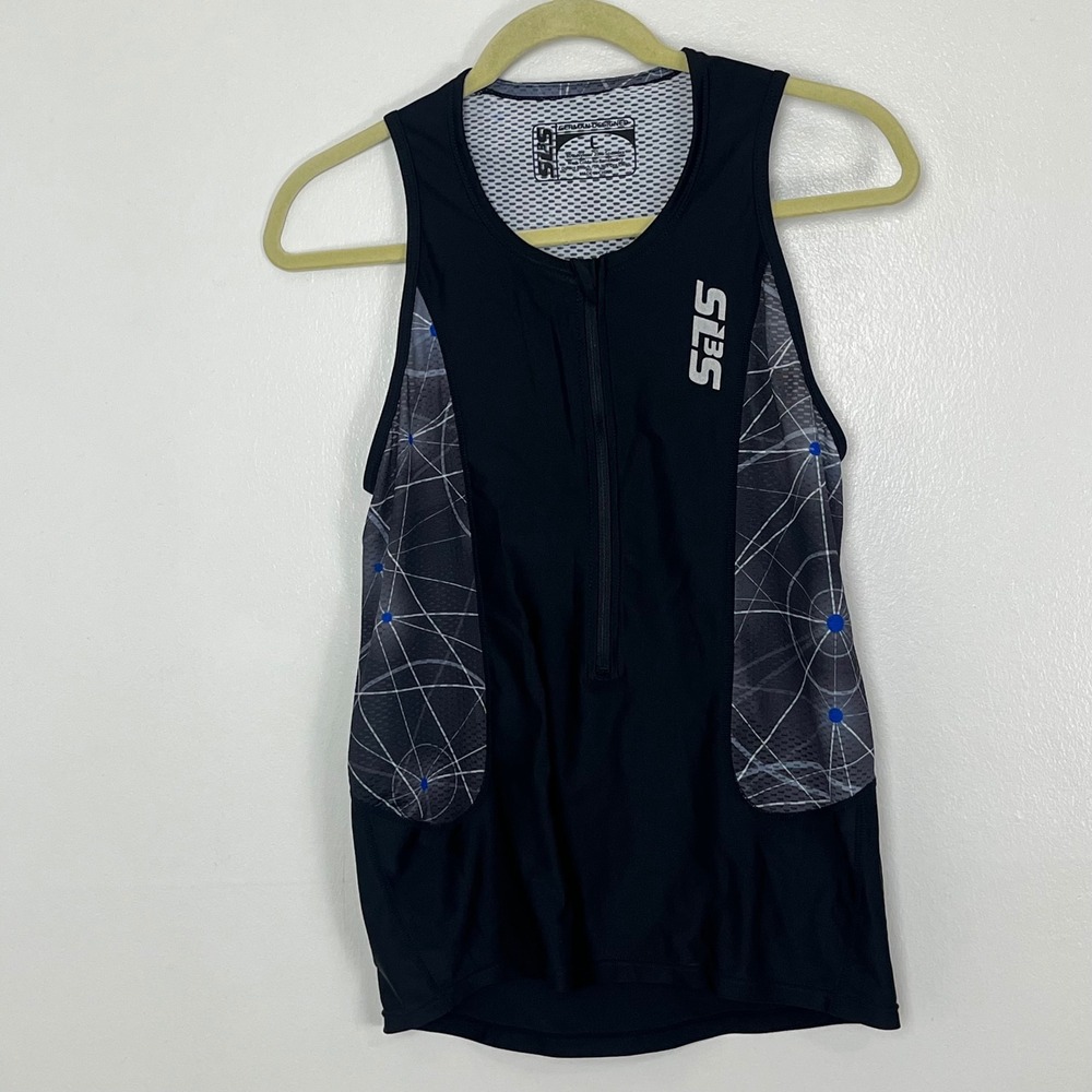 SLS3 Athletic Triathlon Jersey Top Women's Large Black Geometric Zip Sleeveless